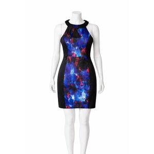 JAX Beaded Halter Sheath Cocktail Abstract Print Blue Black Red Women's Dress 12